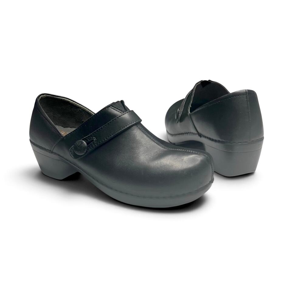 Dansko Solstice Black Leather Clogs Shoes Button Strap Comfort EU 43 US 12.5 13